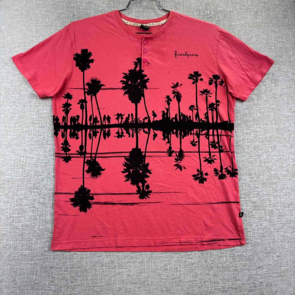 Freshjive Mens Large Pink Palm Tree Graphic Henley Short Sleeve Shirt